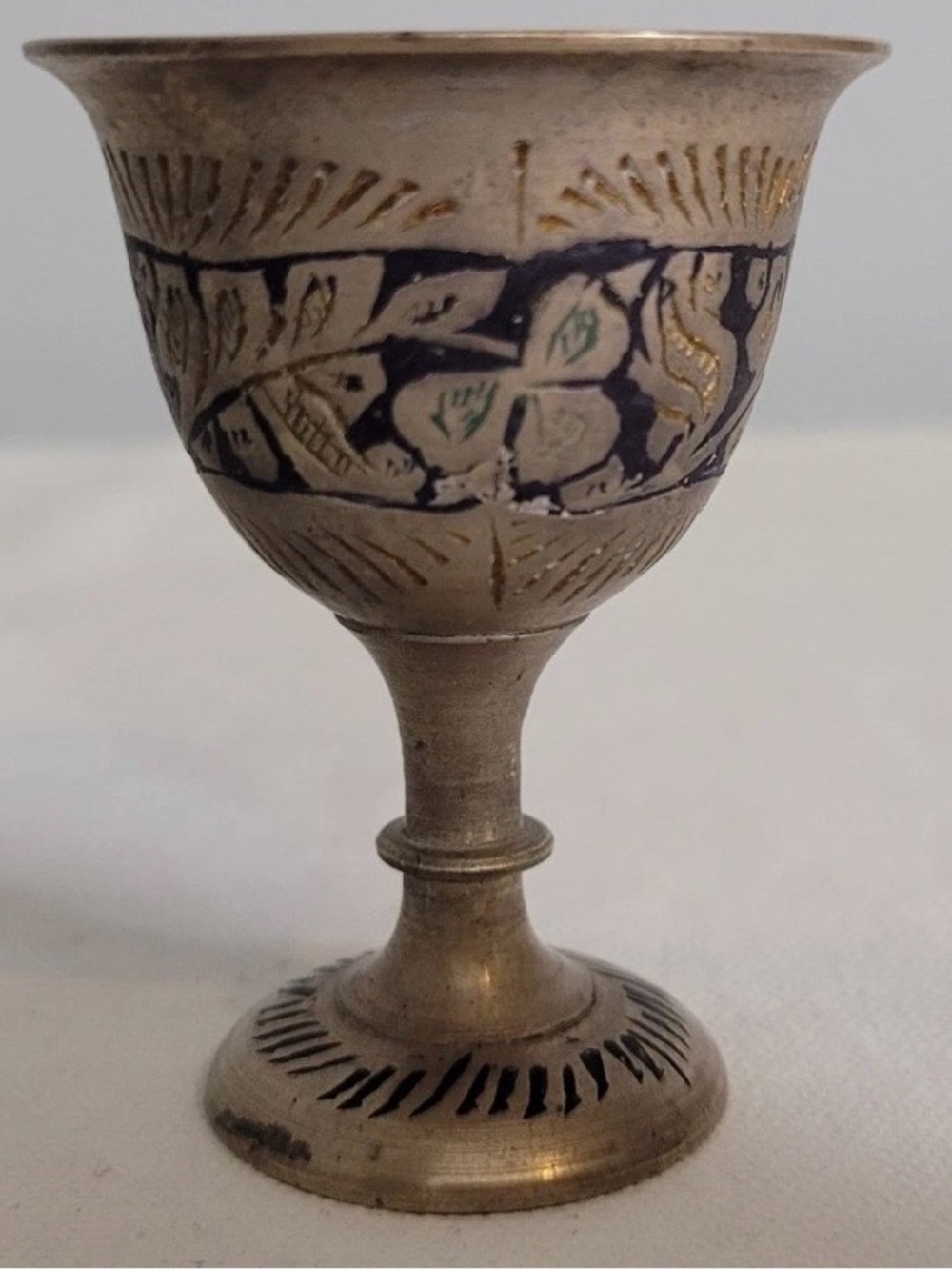 Set of 4 Vintage Mini Brass Goblets 2.5" Etched Floral Enameled Cordial Cups